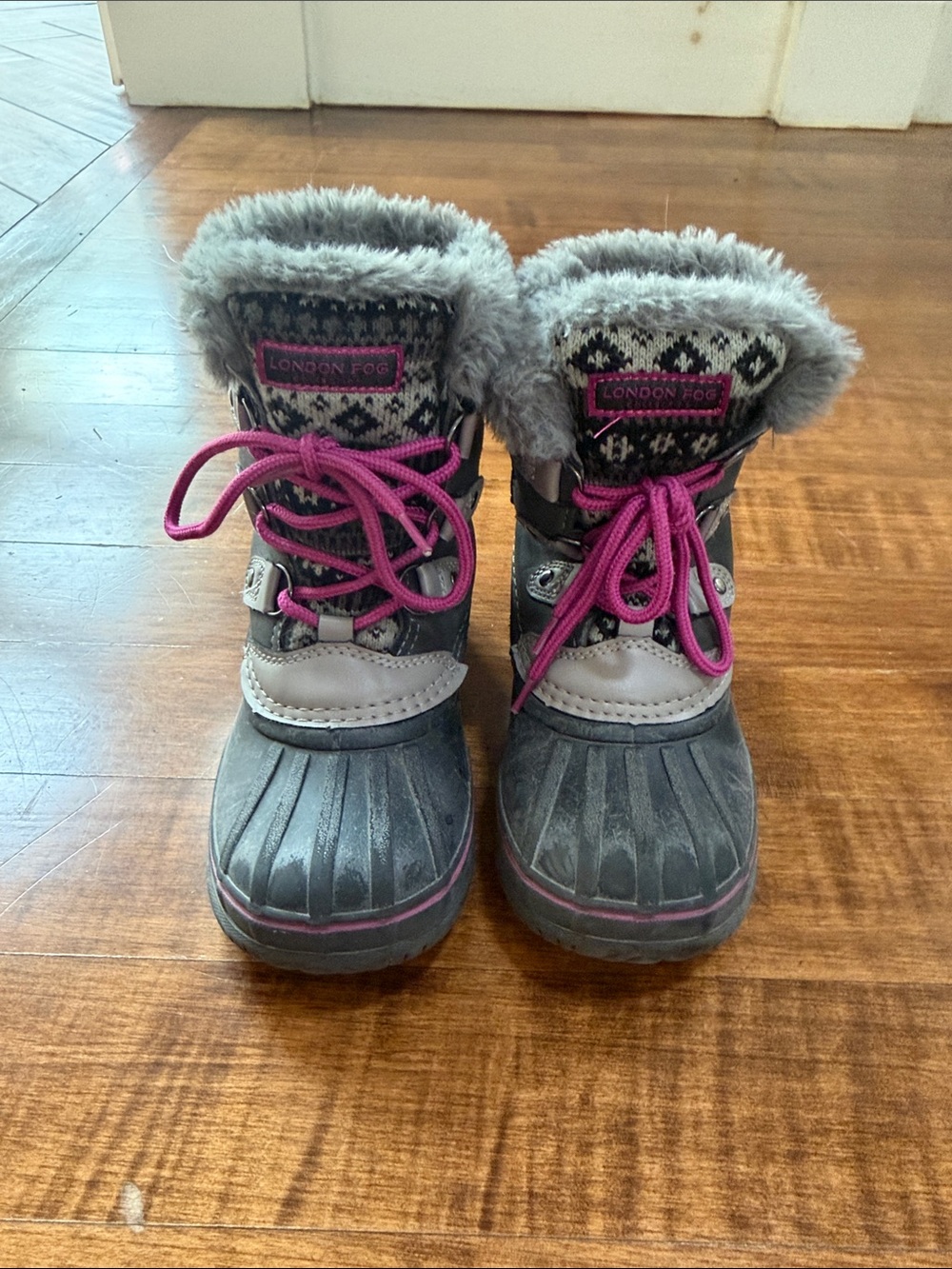 London Fog Girls Gray and Pink Faux-Fur Snow Boots